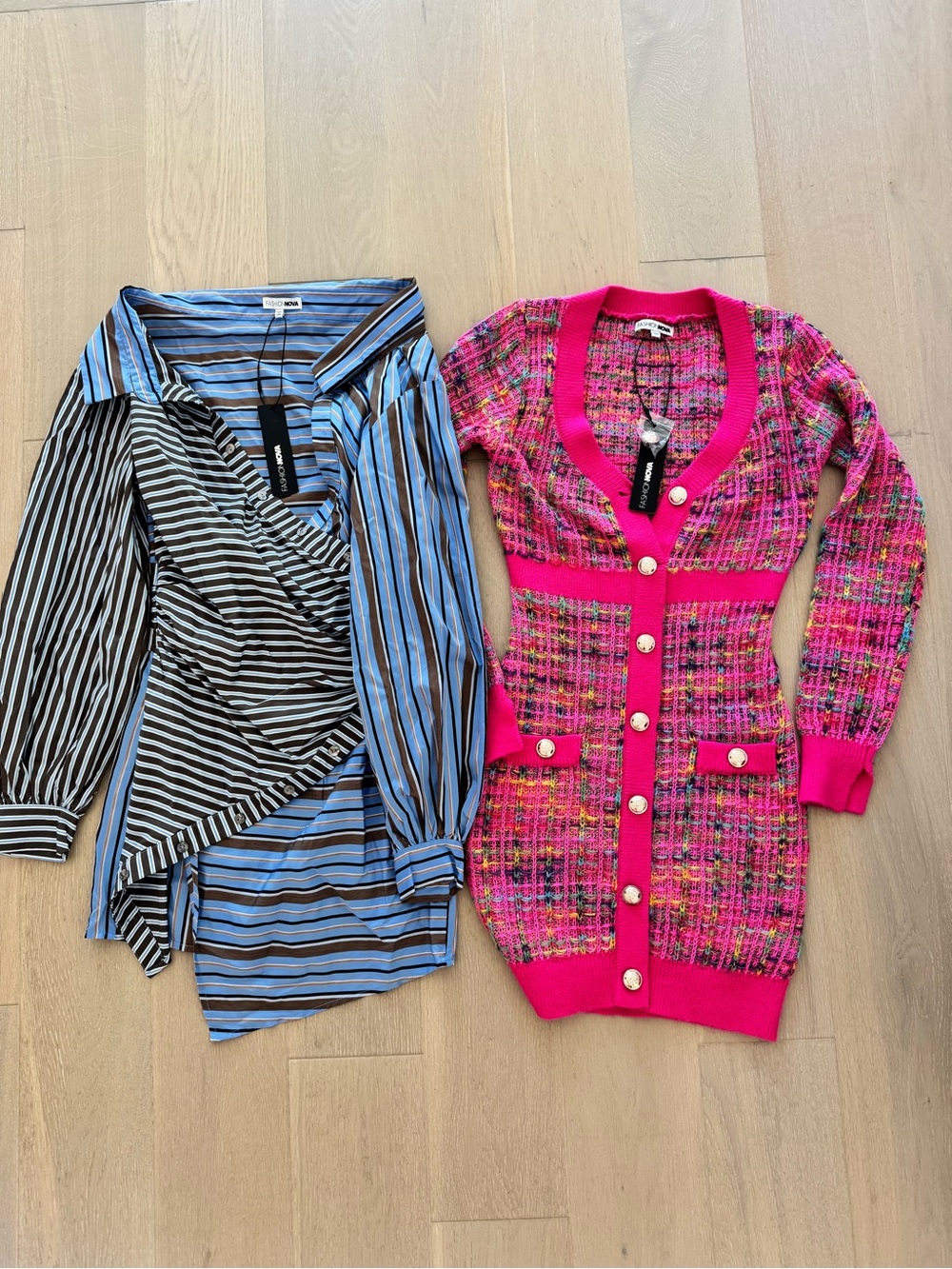 2 Fashion Nova Dresses. XS. Hot Pink Tweed Button-Front Cardigan Dress